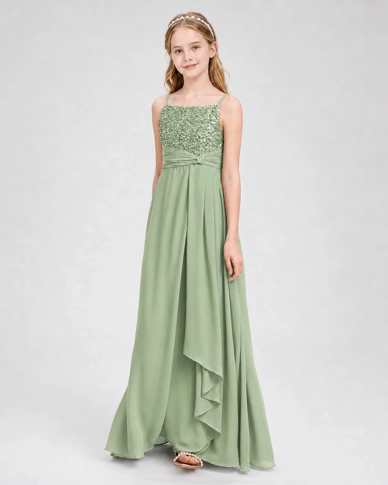 Dideyttawl Beaded Embroidery Chiffon Junior Bridesmaid Dress