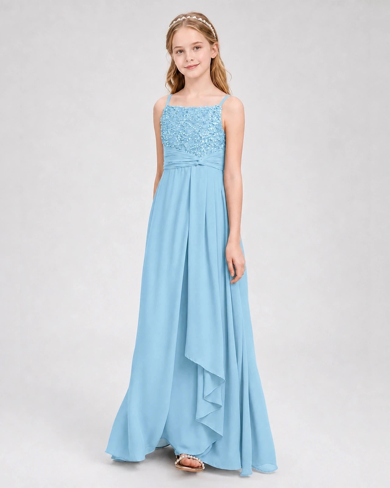 Dideyttawl Beaded Embroidery Chiffon Junior Bridesmaid Dress