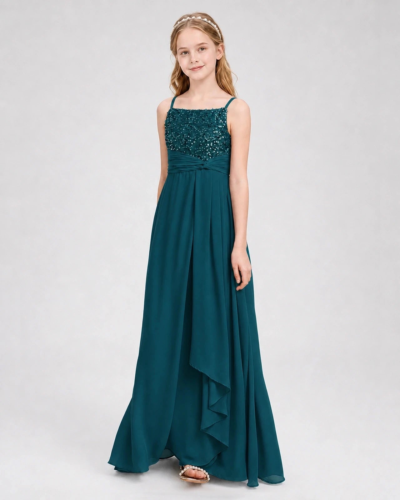 Dideyttawl Beaded Embroidery Chiffon Junior Bridesmaid Dress