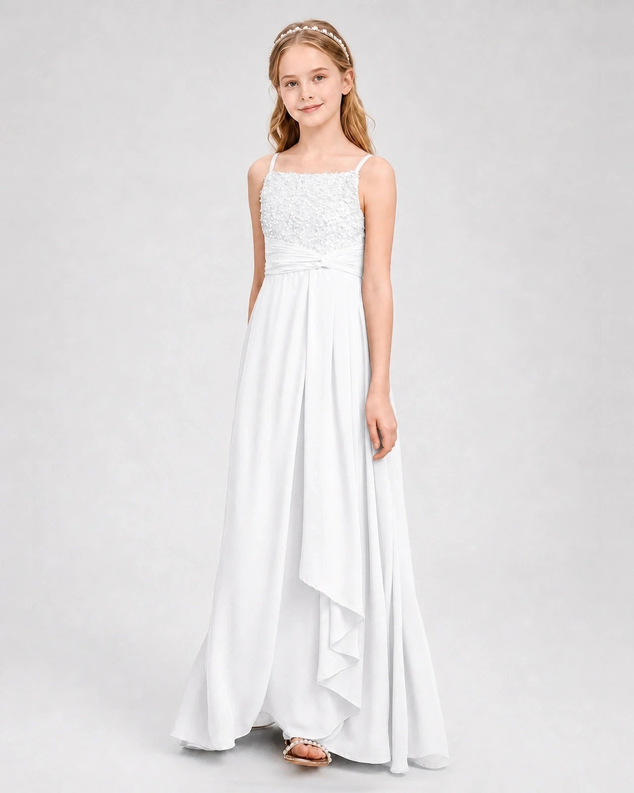 Dideyttawl Beaded Embroidery Chiffon Junior Bridesmaid Dress