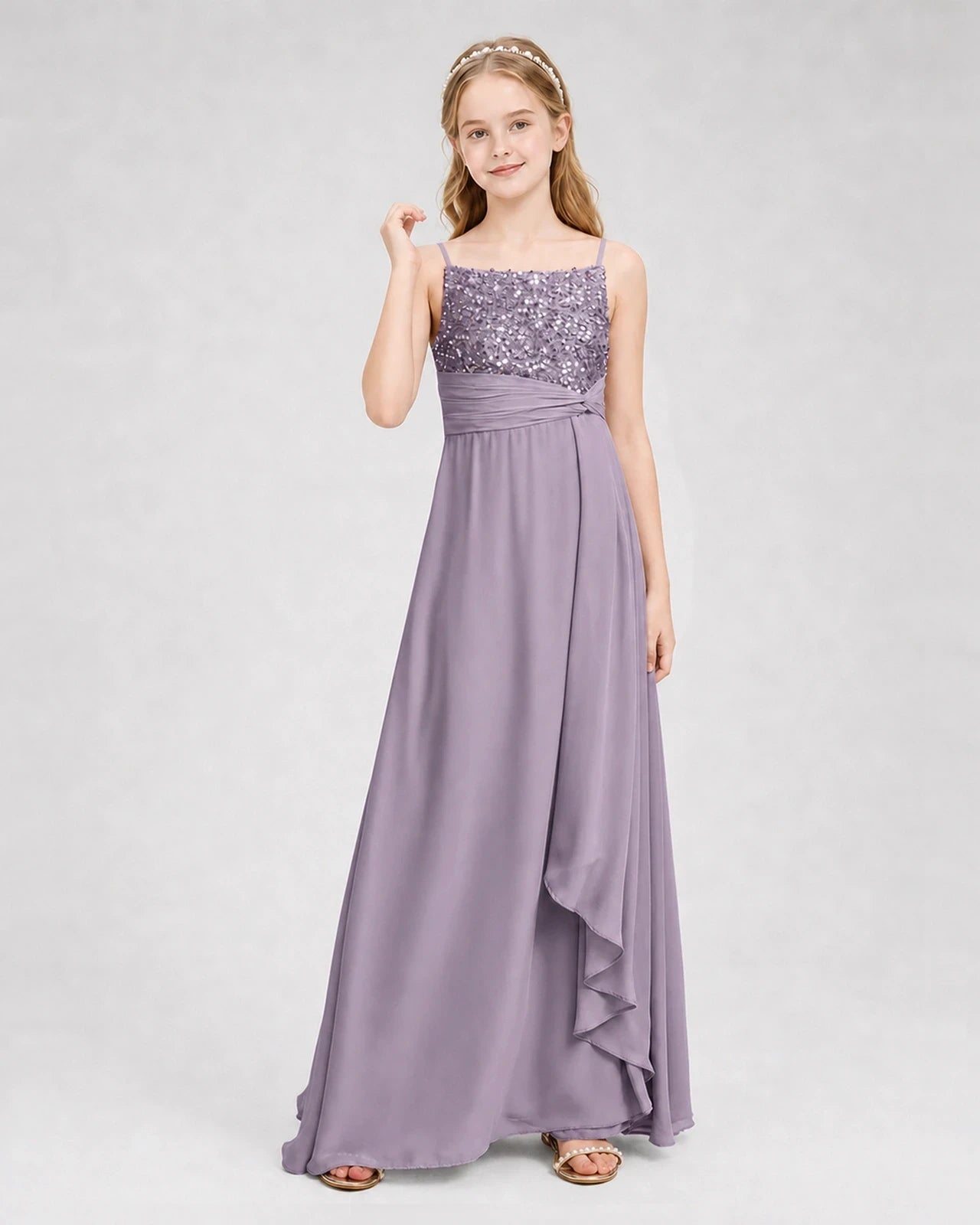 Dideyttawl Beaded Embroidery Chiffon Junior Bridesmaid Dress