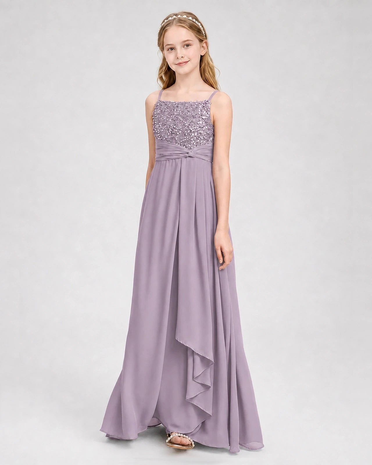 Dideyttawl Beaded Embroidery Chiffon Junior Bridesmaid Dress