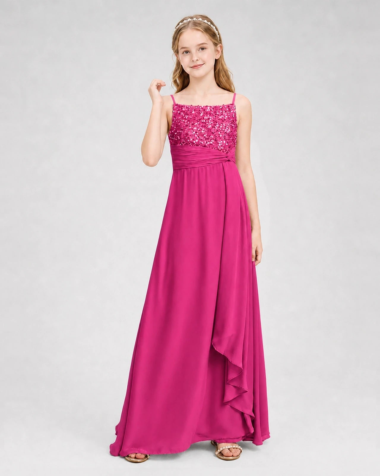 Dideyttawl Beaded Embroidery Chiffon Junior Bridesmaid Dress