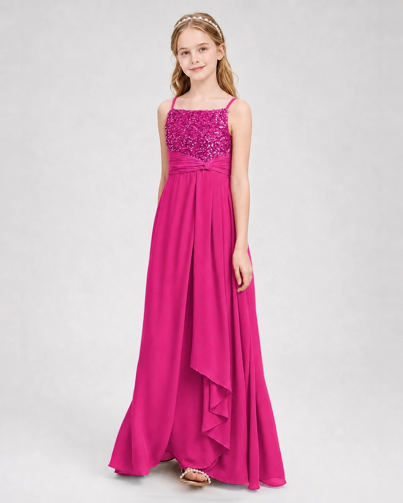 Dideyttawl Beaded Embroidery Chiffon Junior Bridesmaid Dress