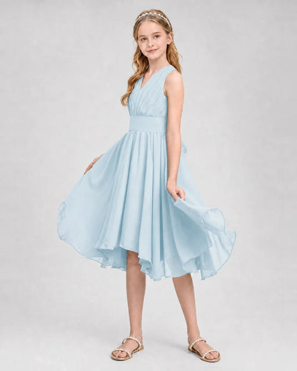 Dideyttawl Ruched V-Neck Chiffon Junior Bridesmaid Dress with Bow
