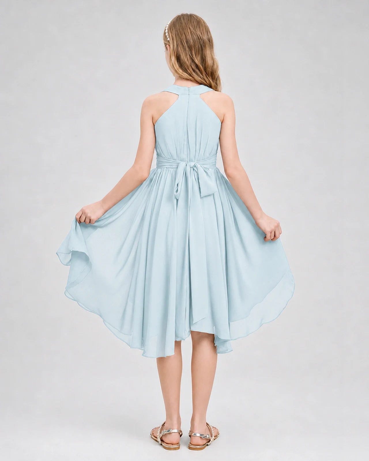 Dideyttawl Ruched V-Neck Chiffon Junior Bridesmaid Dress with Bow