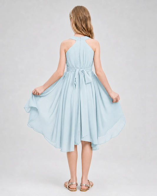 Dideyttawl Ruched V-Neck Chiffon Junior Bridesmaid Dress with Bow