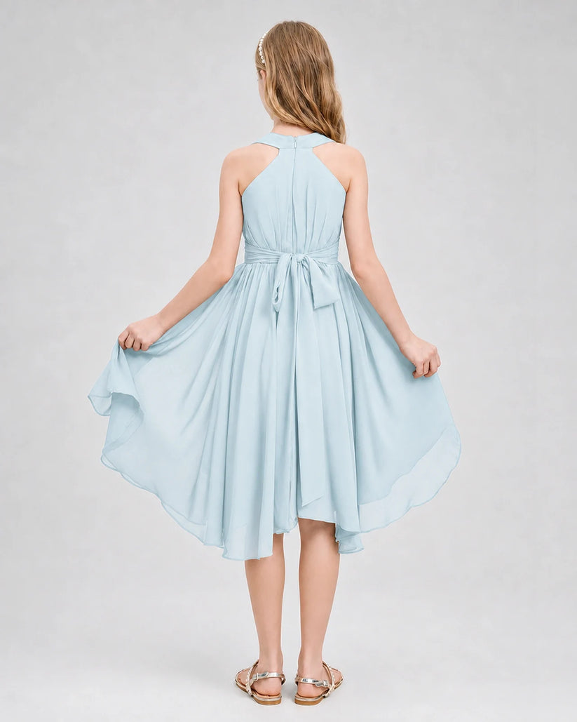 Baby Blue Chiffon Halter Junior Bridesmaid Dresses Back View