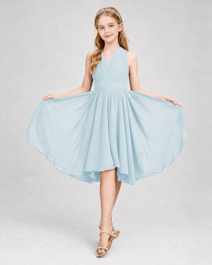 Dideyttawl Ruched V-Neck Chiffon Junior Bridesmaid Dress with Bow