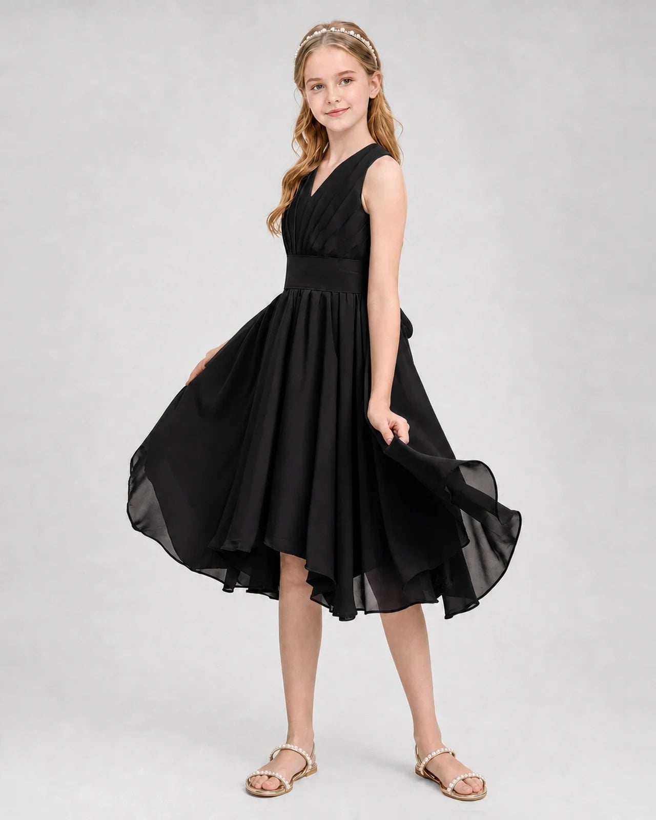Dideyttawl Ruched V-Neck Chiffon Junior Bridesmaid Dress with Bow
