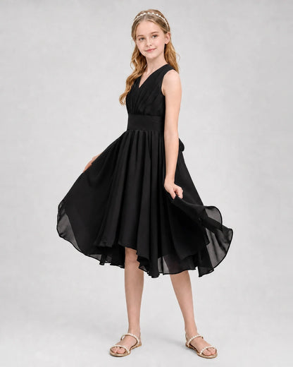 Dideyttawl Ruched V-Neck Chiffon Junior Bridesmaid Dress with Bow