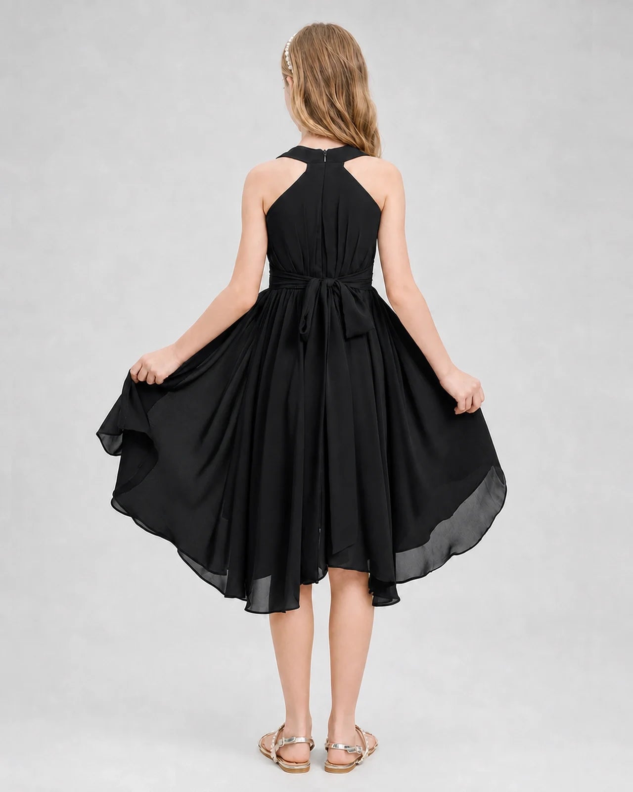 Dideyttawl Ruched V-Neck Chiffon Junior Bridesmaid Dress with Bow