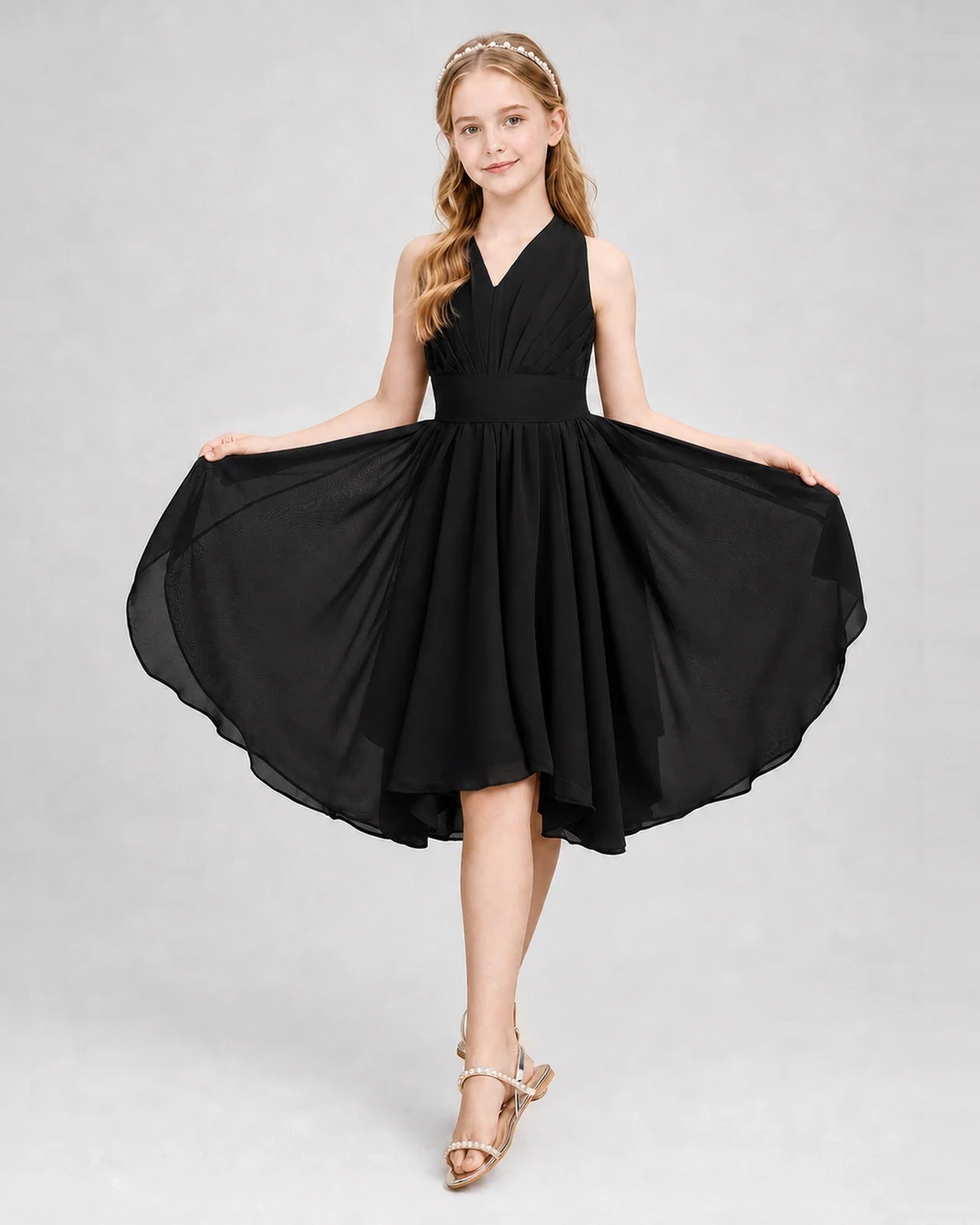 Dideyttawl Ruched V-Neck Chiffon Junior Bridesmaid Dress with Bow