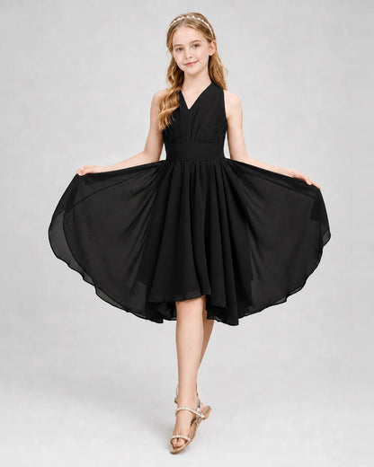 Dideyttawl Ruched V-Neck Chiffon Junior Bridesmaid Dress with Bow