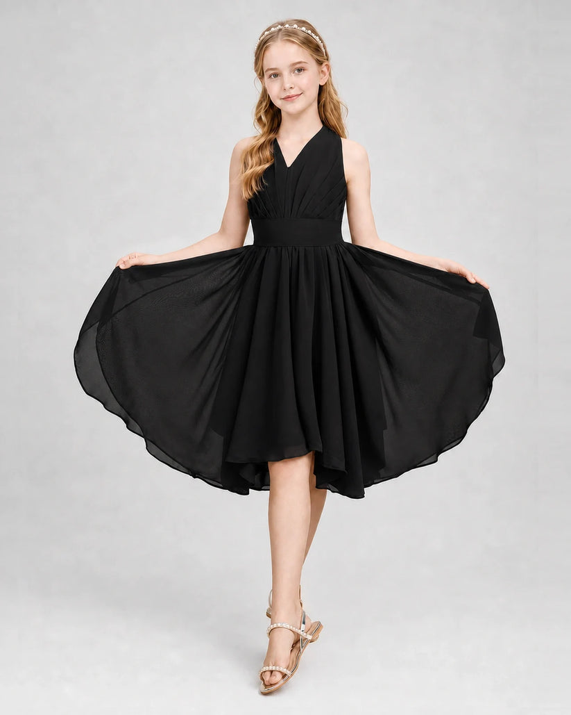 Black Chiffon Pleated V-Neck Junior Bridesmaid Dresses Side View