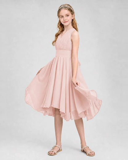 Dideyttawl Ruched V-Neck Chiffon Junior Bridesmaid Dress with Bow
