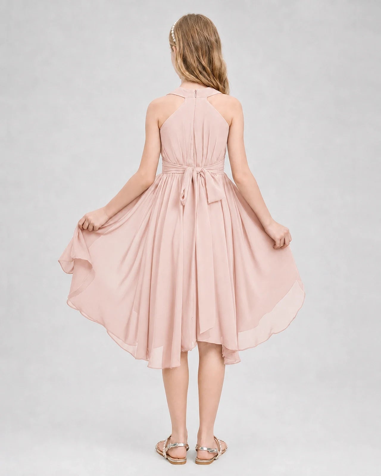 Dideyttawl Ruched V-Neck Chiffon Junior Bridesmaid Dress with Bow