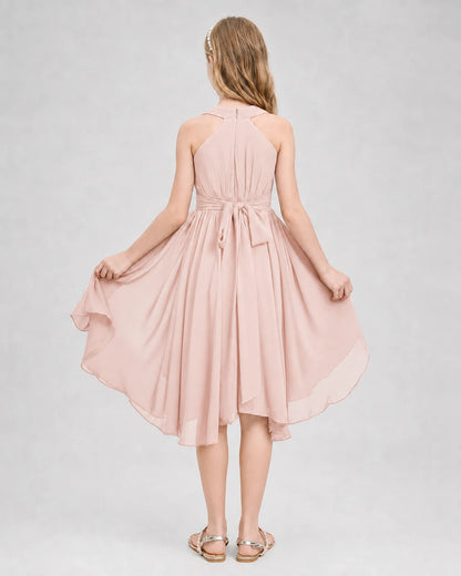 Dideyttawl Ruched V-Neck Chiffon Junior Bridesmaid Dress with Bow