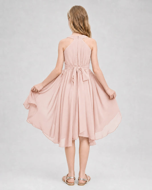 Blush Pink Chiffon Halter Junior Bridesmaid Dresses Front View