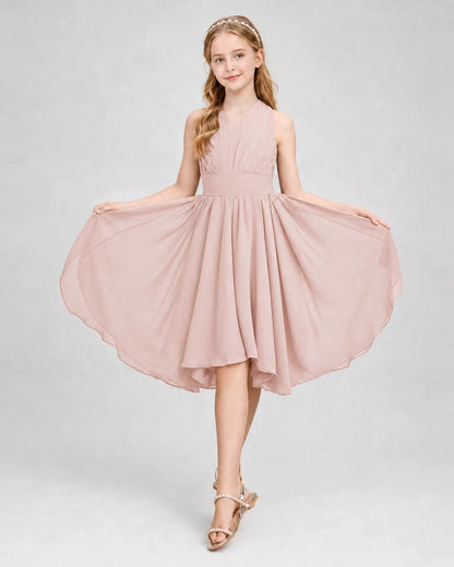 Dideyttawl Ruched V-Neck Chiffon Junior Bridesmaid Dress with Bow