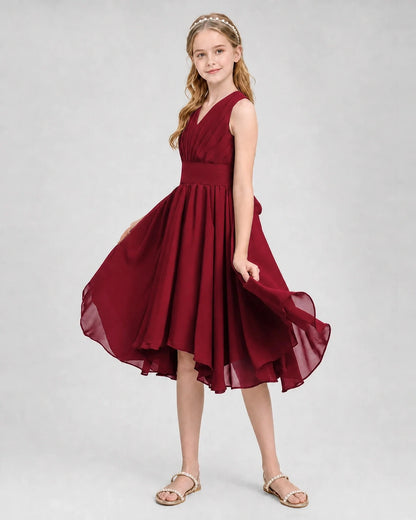 Dideyttawl Ruched V-Neck Chiffon Junior Bridesmaid Dress with Bow