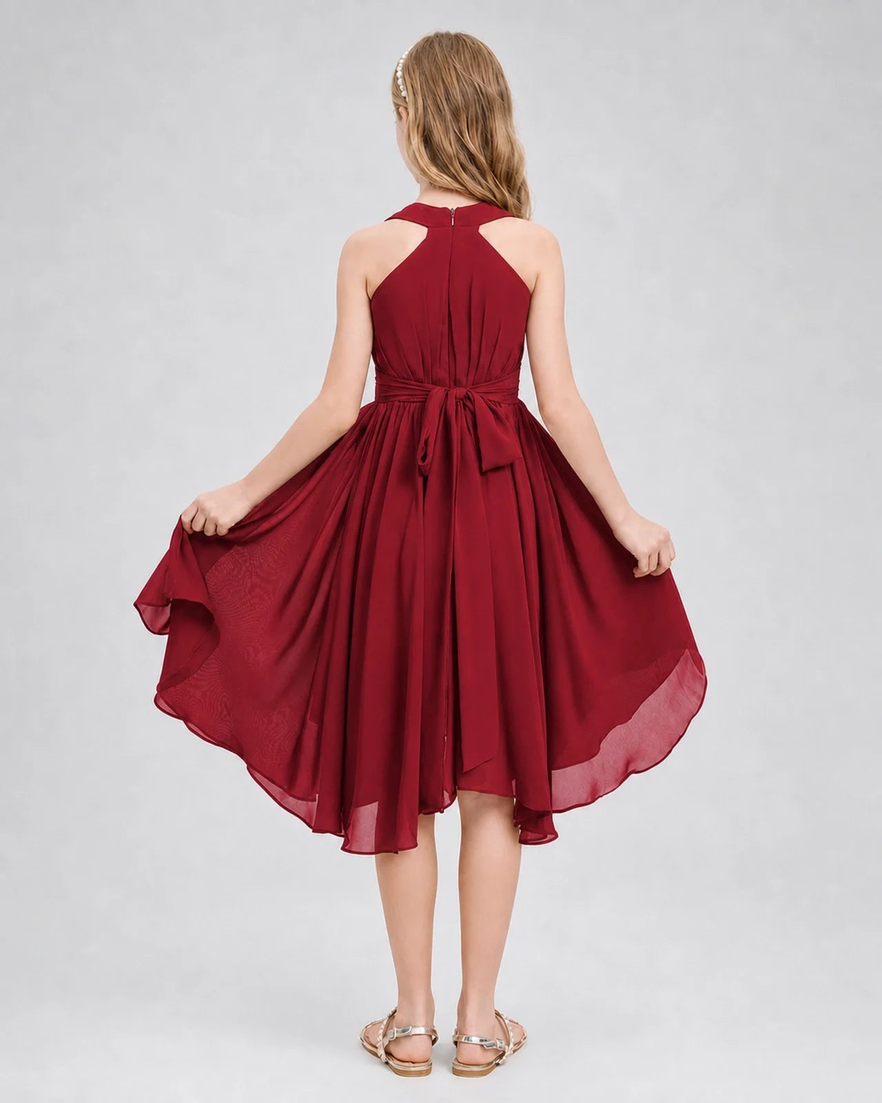 Dideyttawl Ruched V-Neck Chiffon Junior Bridesmaid Dress with Bow