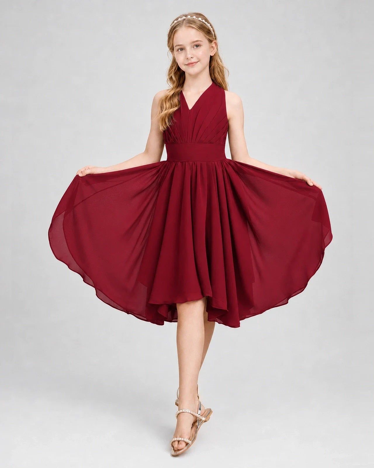 Dideyttawl Ruched V-Neck Chiffon Junior Bridesmaid Dress with Bow