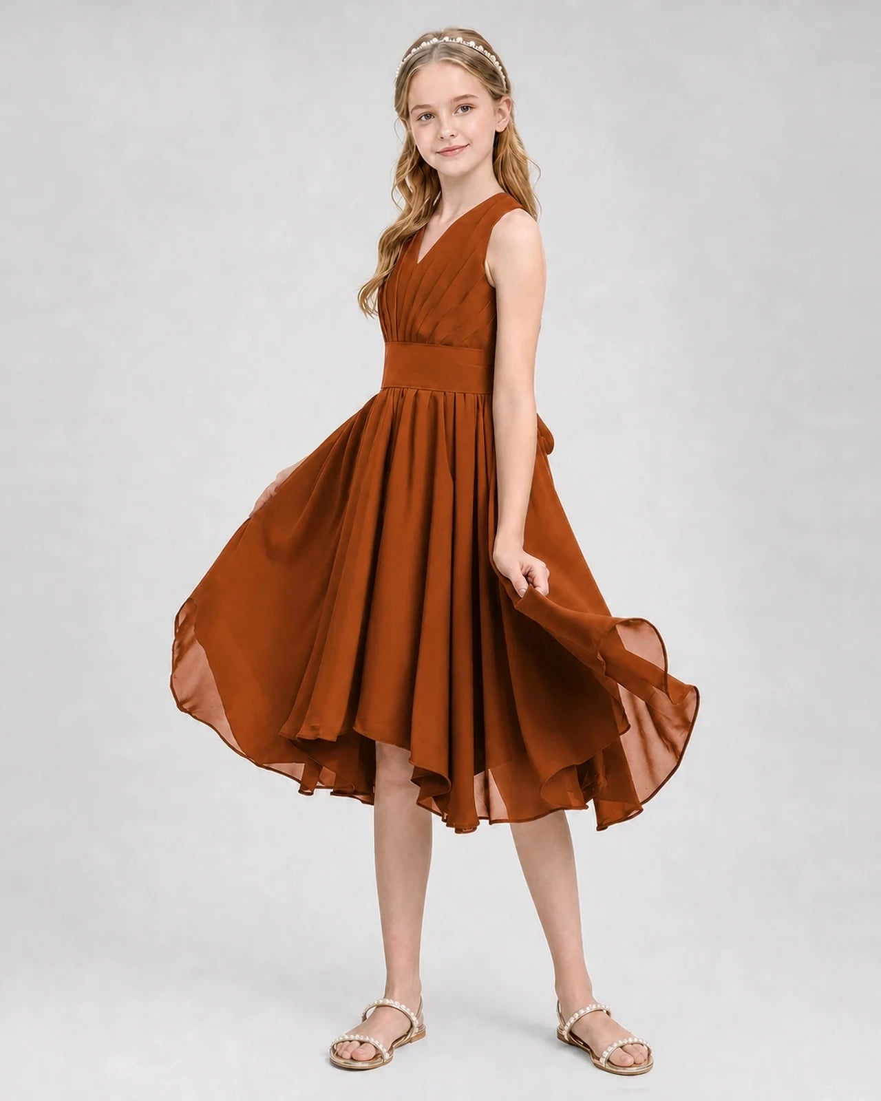 Dideyttawl Ruched V-Neck Chiffon Junior Bridesmaid Dress with Bow