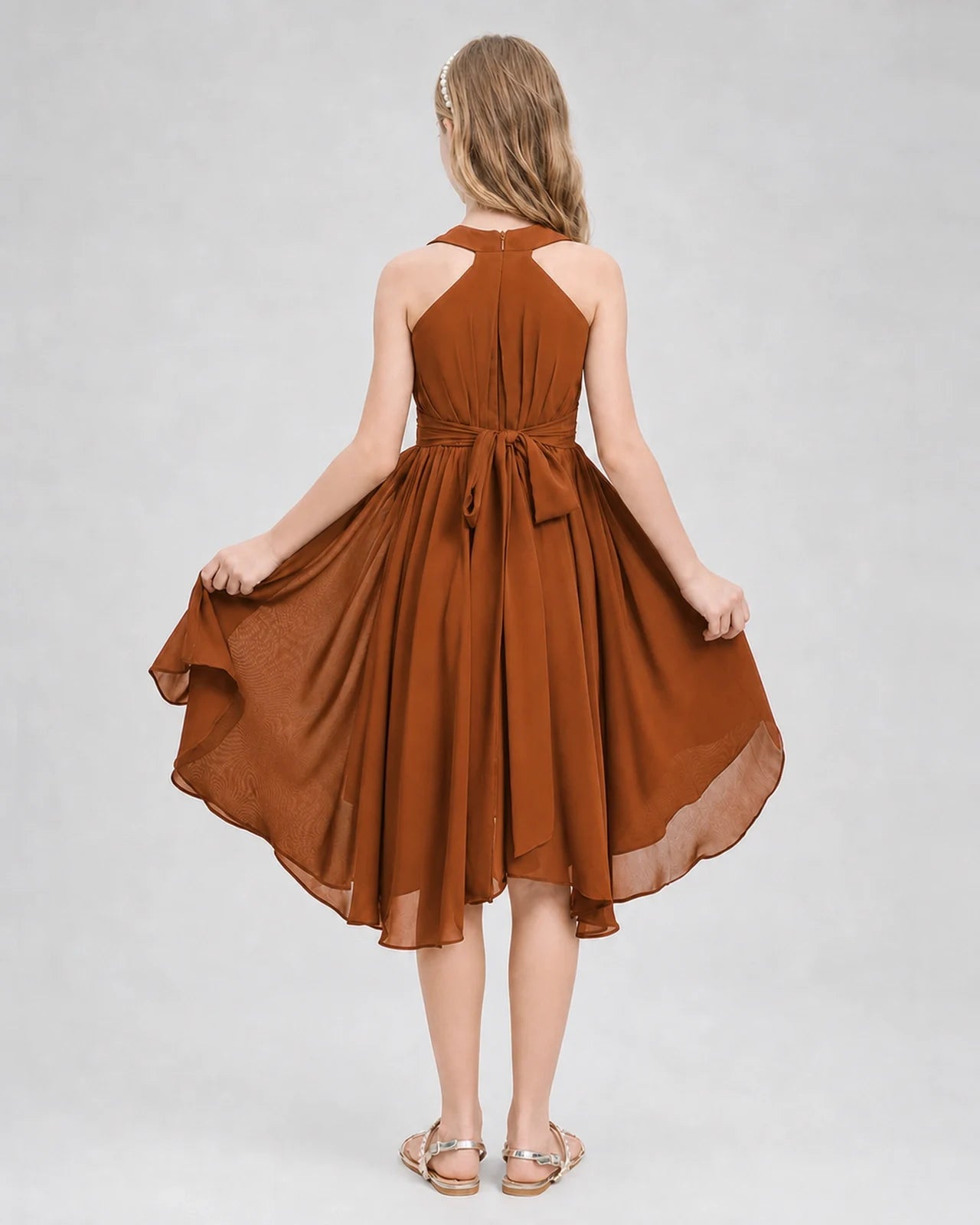 Dideyttawl Ruched V-Neck Chiffon Junior Bridesmaid Dress with Bow