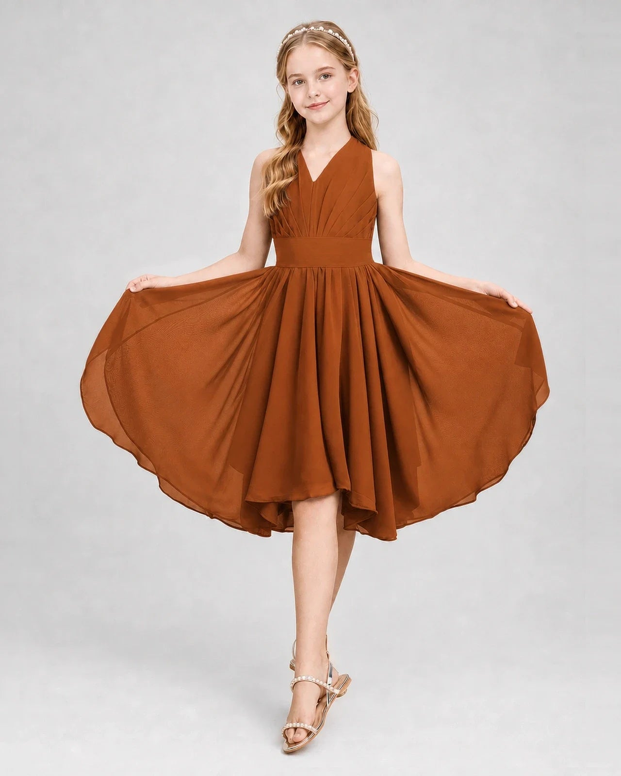 Dideyttawl Ruched V-Neck Chiffon Junior Bridesmaid Dress with Bow