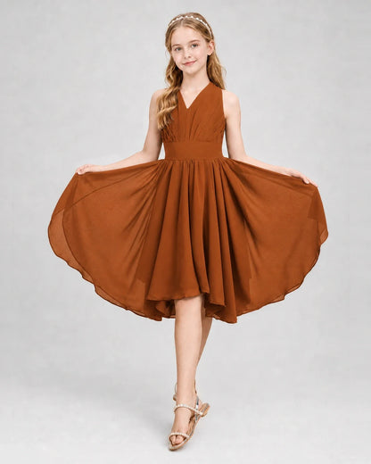 Dideyttawl Ruched V-Neck Chiffon Junior Bridesmaid Dress with Bow