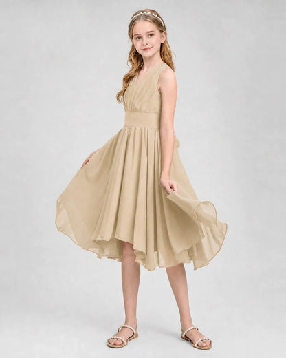 Dideyttawl Ruched V-Neck Chiffon Junior Bridesmaid Dress with Bow