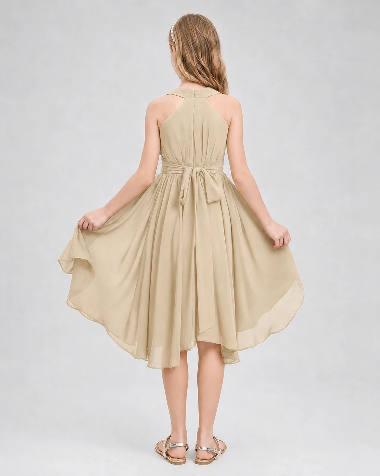 Dideyttawl Ruched V-Neck Chiffon Junior Bridesmaid Dress with Bow