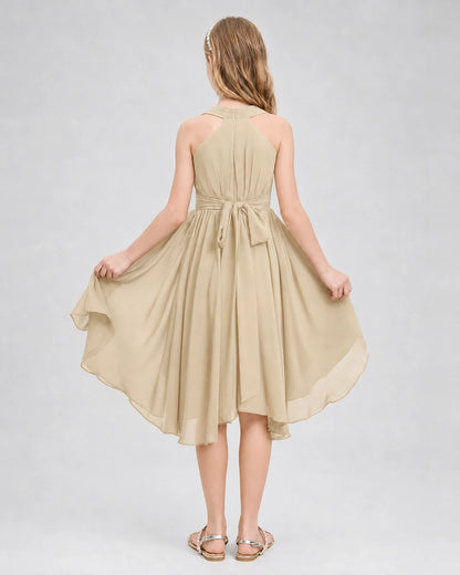 Dideyttawl Ruched V-Neck Chiffon Junior Bridesmaid Dress with Bow