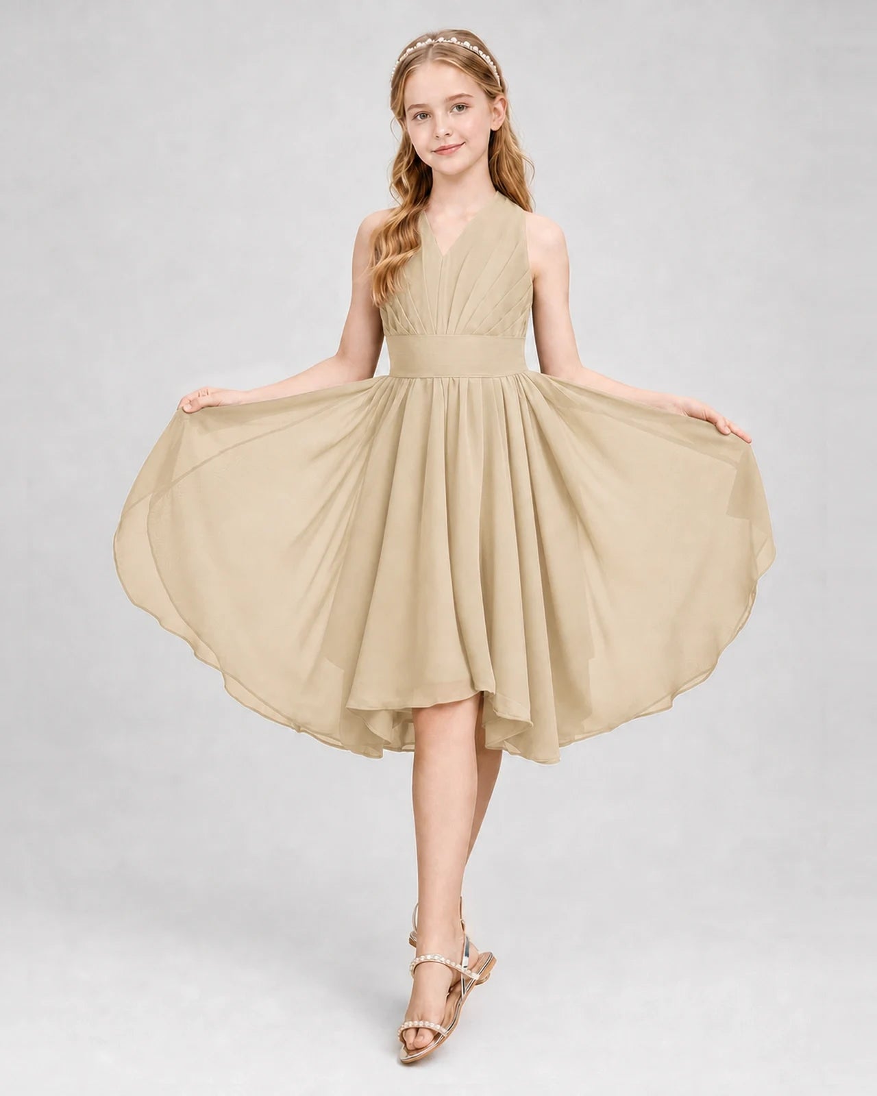 Dideyttawl Ruched V-Neck Chiffon Junior Bridesmaid Dress with Bow
