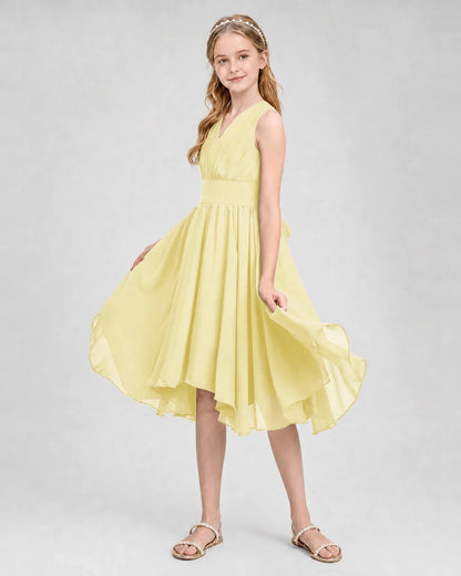 Dideyttawl Ruched V-Neck Chiffon Junior Bridesmaid Dress with Bow