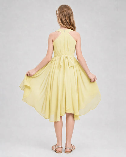 Dideyttawl Ruched V-Neck Chiffon Junior Bridesmaid Dress with Bow