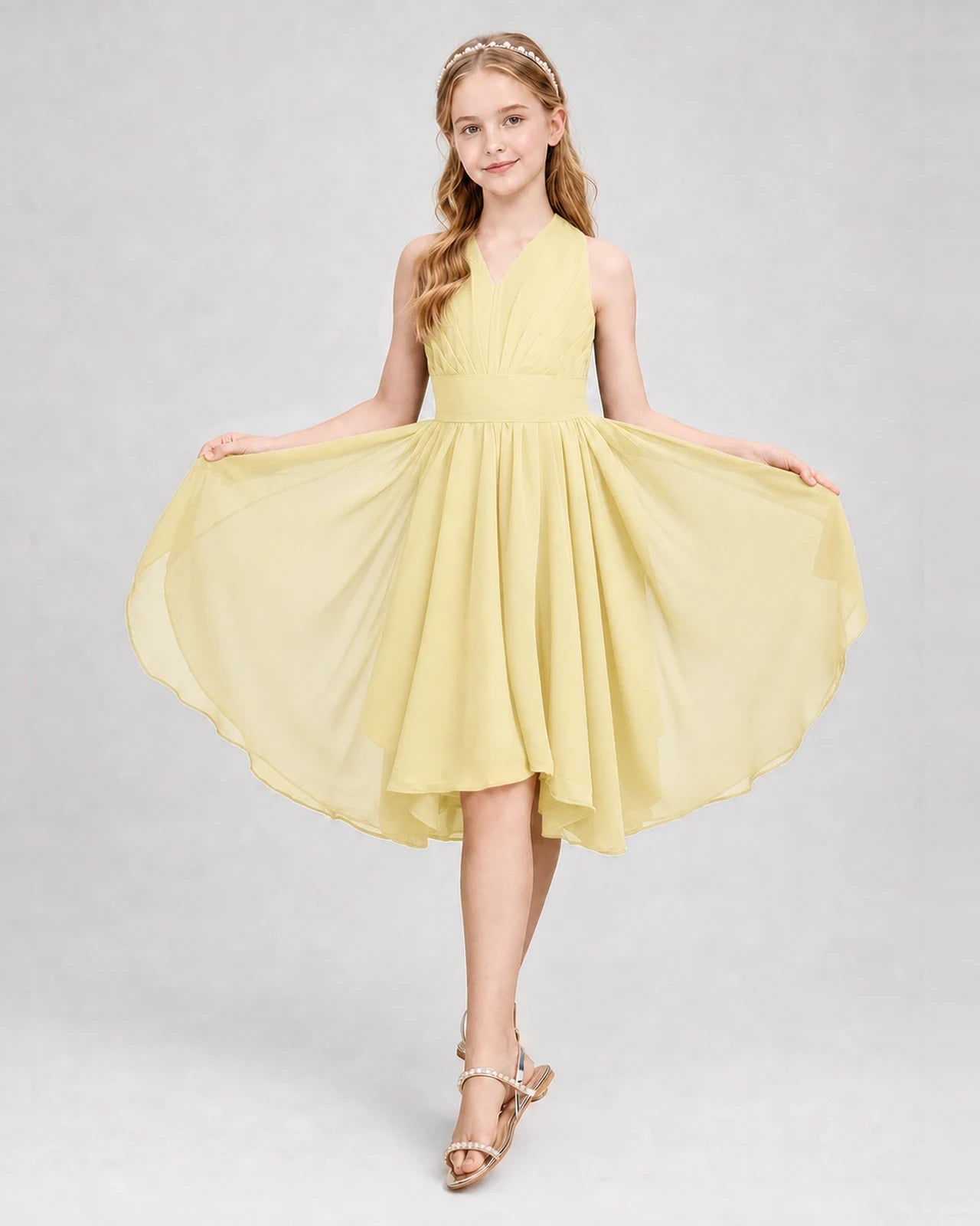 Dideyttawl Ruched V-Neck Chiffon Junior Bridesmaid Dress with Bow