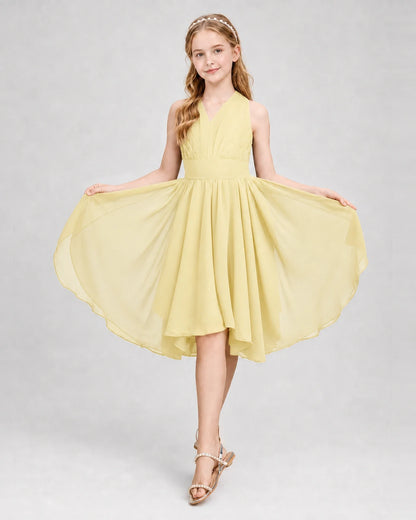 Dideyttawl Ruched V-Neck Chiffon Junior Bridesmaid Dress with Bow
