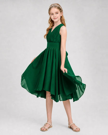 Dideyttawl Ruched V-Neck Chiffon Junior Bridesmaid Dress with Bow