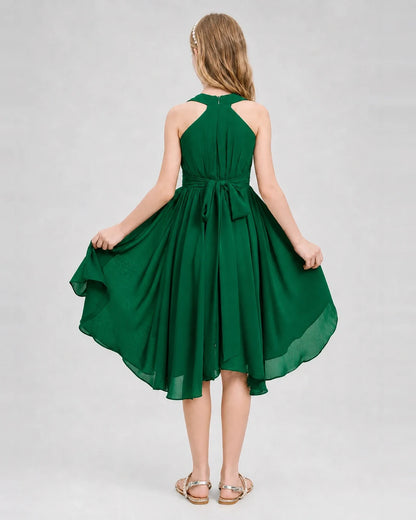 Dideyttawl Ruched V-Neck Chiffon Junior Bridesmaid Dress with Bow