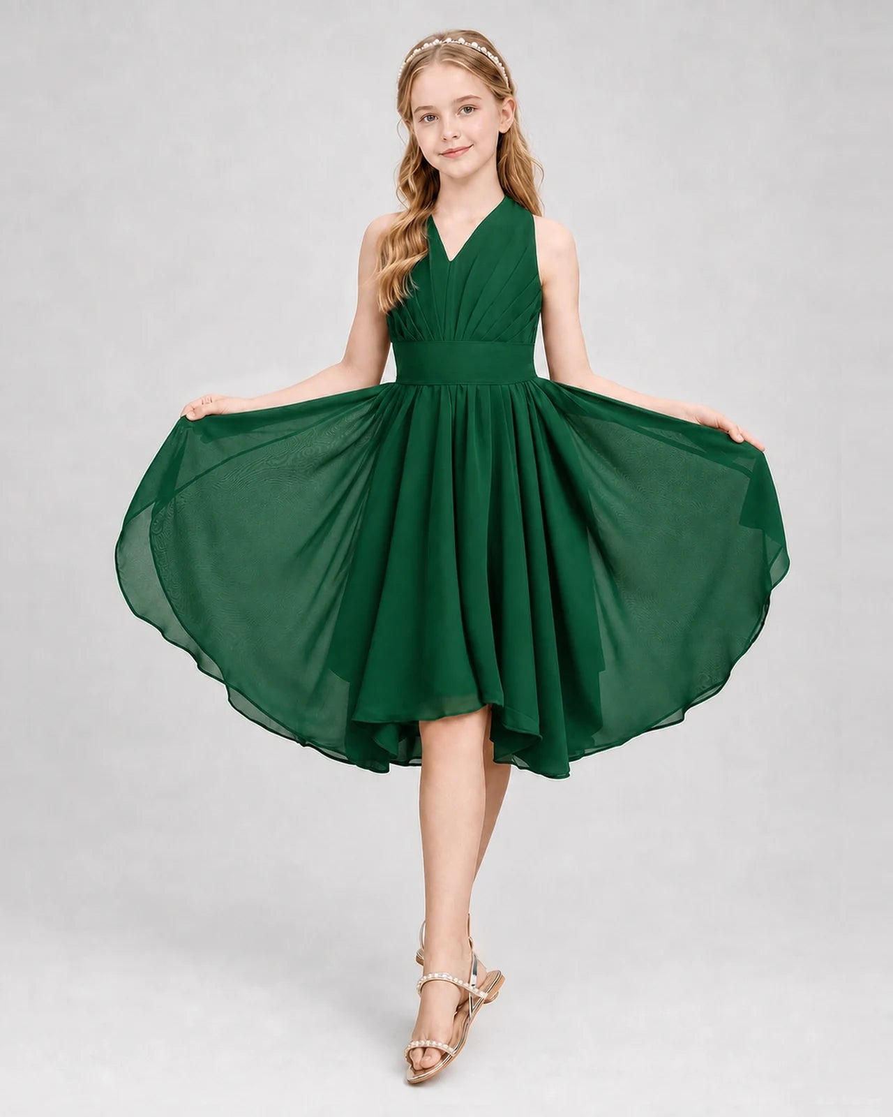 Dideyttawl Ruched V-Neck Chiffon Junior Bridesmaid Dress with Bow
