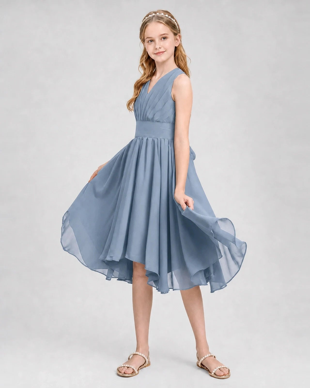 Dideyttawl Ruched V-Neck Chiffon Junior Bridesmaid Dress with Bow