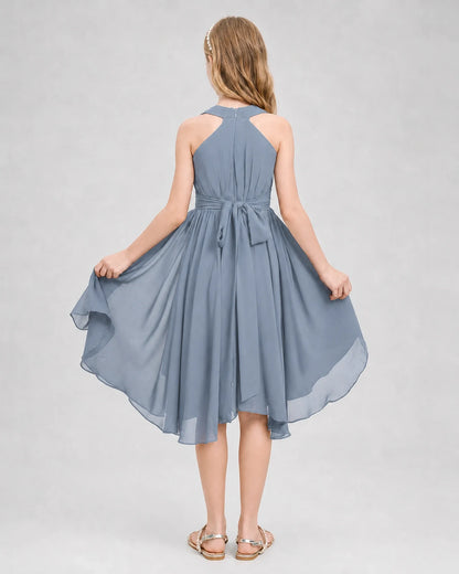 Dideyttawl Ruched V-Neck Chiffon Junior Bridesmaid Dress with Bow