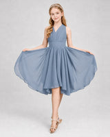 Dusty Blue Chiffon Pleated A-Line Junior Bridesmaid Dresses Side View