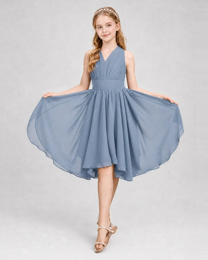 Dideyttawl Ruched V-Neck Chiffon Junior Bridesmaid Dress with Bow
