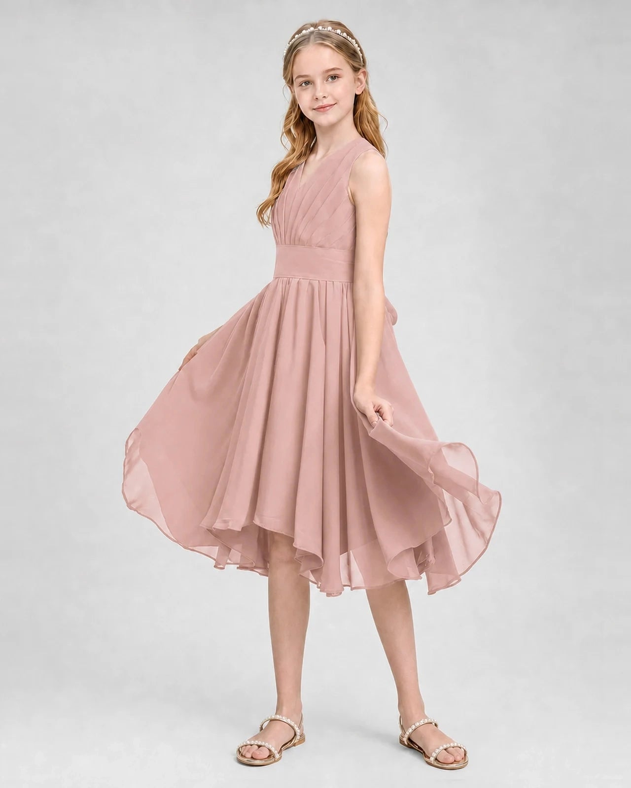 Dideyttawl Ruched V-Neck Chiffon Junior Bridesmaid Dress with Bow