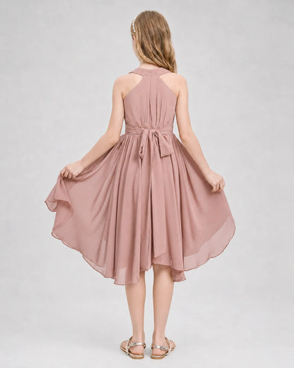 Dideyttawl Ruched V-Neck Chiffon Junior Bridesmaid Dress with Bow