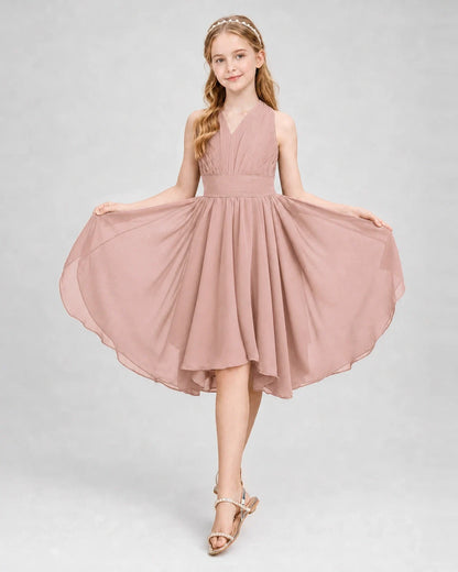 Dideyttawl Ruched V-Neck Chiffon Junior Bridesmaid Dress with Bow