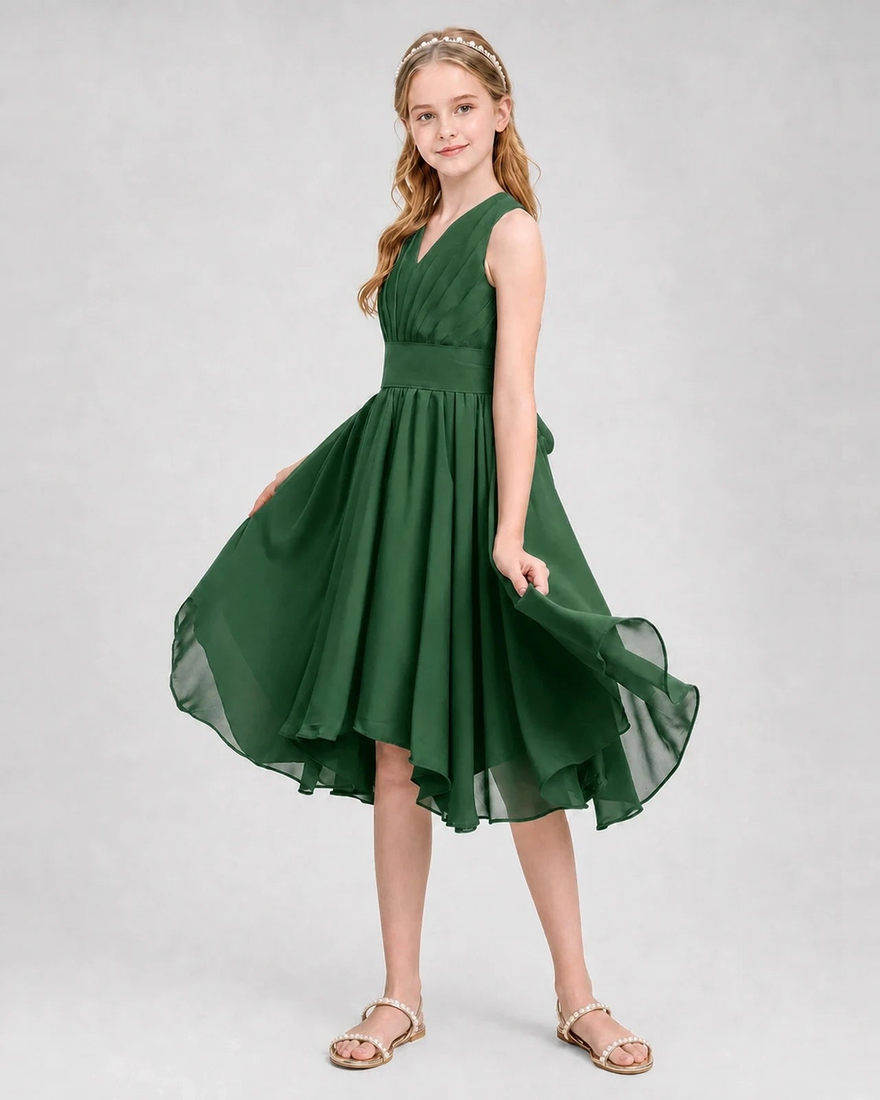 Dideyttawl Ruched V-Neck Chiffon Junior Bridesmaid Dress with Bow